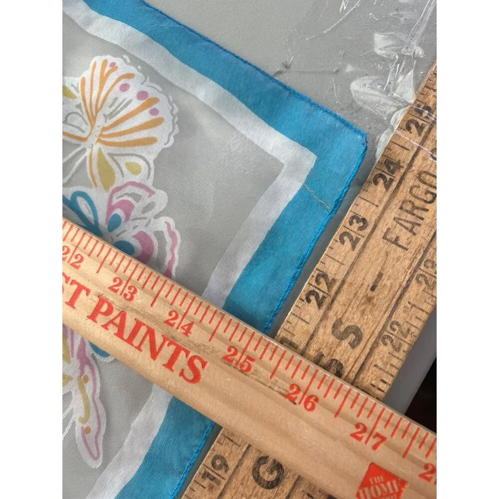 Vintage 70s Sheer Butterfly Square Scarf Light White Blue Neck Wrap Blue White